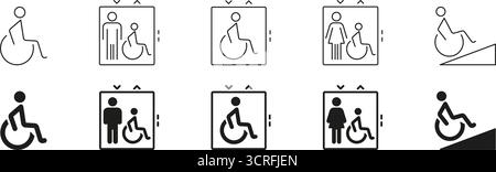 Wheelchair Accessibility And Assistance Icon Set. Disability Support, Elevator Access and Ramp Navigation Outline and Silhouette Symbol Collection Stock Vector