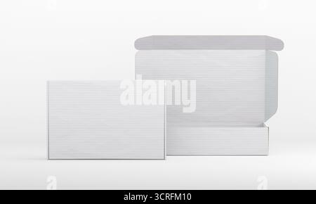 Two blank packaging boxes, one closed and one open, isolated mockup. 3D rendering for branding, packaging, and product design presentation. Stock Photo