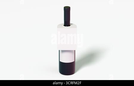 Wine bottle with blank paper label, isolated mockup. 3D rendering. Stock Photo