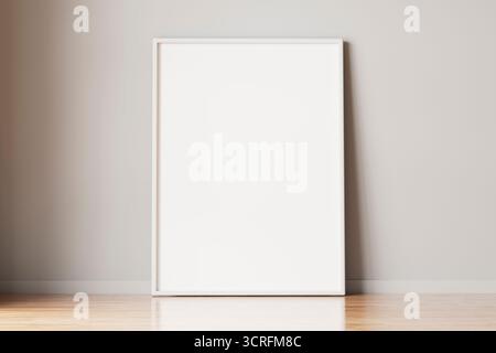 Minimalist blank poster frame leaning on wall, isolated mockup. 3D rendering. Stock Photo
