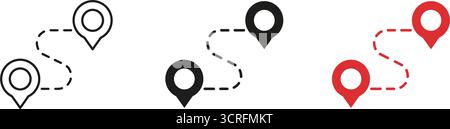 Travel Path Route with Drop Pin Line and Solid Icon Set. Location Tracking and Map Position Connection Symbol Collection. Isolated Vector Illustration Stock Vector