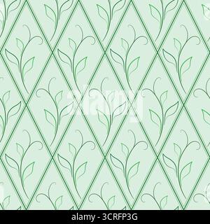 Green seamless pattern of silhouettes leaves and rhombic lattice. Soft green colors. Delicate spring vintage background. Young curved shoots of leaves Stock Vector