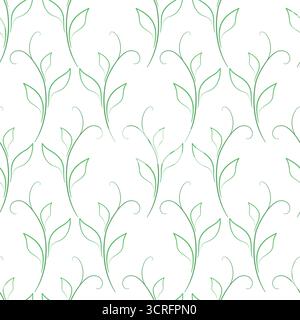 Seamless pattern of silhouettes leaves. Soft green leaves on white background. Delicate spring vintage background. Young tender greenery Stock Vector