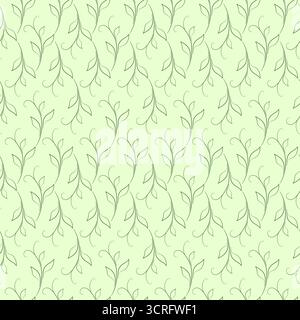 Green summer seamless pattern of silhouettes leaves. Soft green colors. Graceful spring vintage background. Fresh curved branches with leaves. Stock Vector