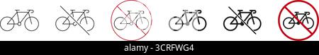 Bicycle Prohibition Icon Set. No Cycling, Bicycle Restriction, And Traffic Regulation Symbol Collection. Road Safety, Urban Planning, And Signage Stock Vector