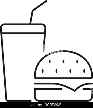 Burger And Drink Line Icon. Fast Food Meal, Quick Service Dining, And Takeaway Beverage Outline Symbol. Snack And Refreshment Concept. Editable Stroke Stock Vector