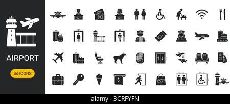 Airport And Travel Icon Set. Comprehensive Collection Silhouette Symbols For Aviation, Security, And Passenger Services. Includes Airplanes, Luggage Stock Vector