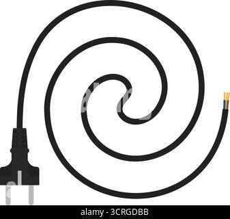 Black electrical cable. Coiled power cord with plug and exposed wiring vector Stock Vector