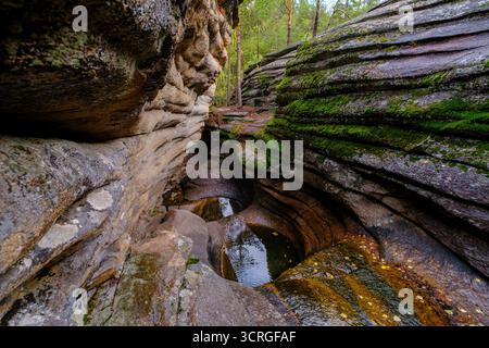 Natural stone sculpture Two Bowls, carved by water and wind, located in the Karkaraly State National Nature Park in the Karaganda region of Kazakhstan Stock Photo