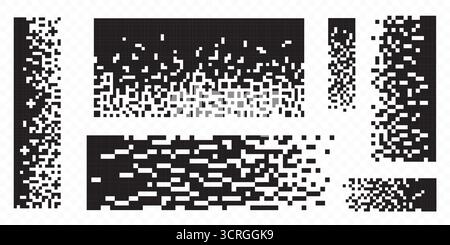 Cube pixel pattern transitions with monochrome square elements dissolving from black blocks into white fragments. Digital halftone effects of geometric dissolution textures for modern graphic design Stock Vector