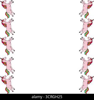 Whimsical pink unicorns with rainbow manes and tails, arranged in a decorative vector border on a white background. Stock Vector