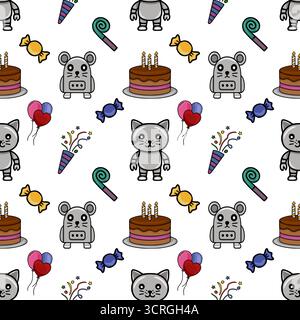 Seamless vector pattern featuring cute cartoon robots, cats, mice, birthday cakes, balloons, party poppers, and candies for festive celebrations. Stock Vector