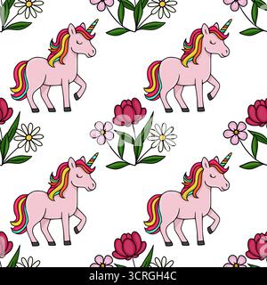 Seamless vector pattern featuring charming pink unicorns with rainbow manes and tails, surrounded by delicate floral elements, ideal for whimsical bac Stock Vector
