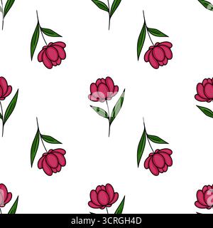 Seamless vector pattern of stylized pink peonies with green leaves on a white background. Stock Vector
