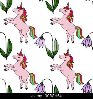 Seamless vector pattern featuring playful pink unicorns with rainbow manes and tails, interspersed with delicate purple bellflowers and green leaves o Stock Vector
