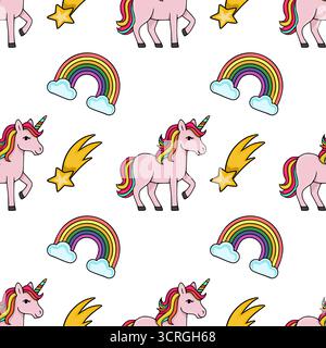 Seamless vector pattern featuring playful pink unicorns, vibrant rainbows with clouds, and golden shooting stars on a clean white background. Stock Vector