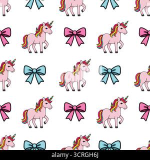 Seamless vector pattern of adorable pink unicorns with rainbow manes and bows in pastel blue and pink. Stock Vector