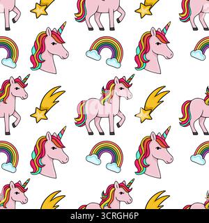 Whimsical vector seamless pattern featuring charming pink unicorns with colorful manes, accompanied by vibrant rainbows and shooting stars against a c Stock Vector