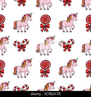 Whimsical vector pattern featuring cute pink unicorns, red and white striped candy canes, and swirl lollipops with festive red bows on a clean white b Stock Vector