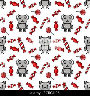 Whimsical vector seamless pattern featuring cute cartoon robots, cats, dogs, and festive candies on a white background. Stock Vector