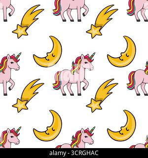 Whimsical vector seamless pattern featuring playful pink unicorns with rainbow manes, cheerful crescent moons with faces, and bright yellow shooting s Stock Vector