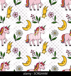 Enchanting seamless vector pattern featuring whimsical pink unicorns, celestial crescent moons, shooting stars, and delicate floral elements on a text Stock Vector