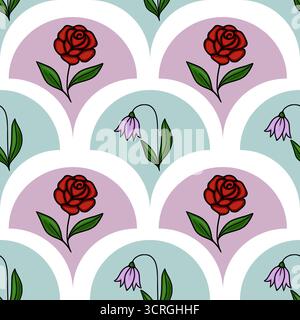Seamless vector pattern featuring stylized red roses and delicate purple bellflowers against a backdrop of overlapping pastel arcs and white spaces. Stock Vector