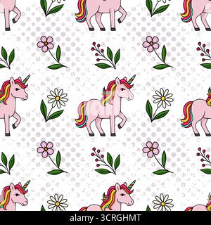 Seamless vector pattern featuring whimsical pink unicorns with rainbow manes and tails, interspersed with delicate flowers and berry branches on a tex Stock Vector
