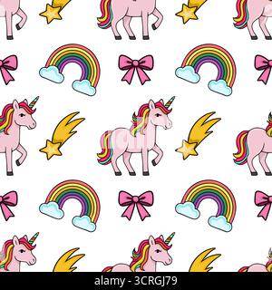 Whimsical vector seamless pattern featuring pastel pink unicorns, vibrant rainbows with clouds, and shooting stars, perfect for fantasy-themed designs Stock Vector