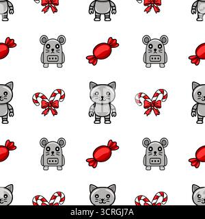 Seamless vector pattern featuring cute cartoon robots, mice, cats, candy canes, and red bows on a white background. Stock Vector