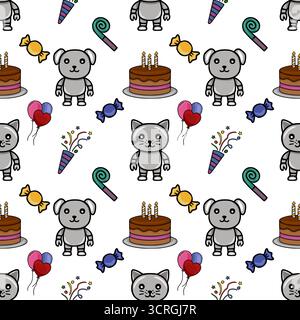 Seamless vector pattern featuring cute cartoon animals, birthday cakes, balloons, party poppers, and candies for festive celebrations. Stock Vector