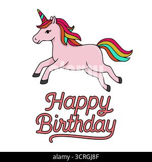 Whimsical vector illustration of a pink unicorn with a rainbow mane and tail, leaping joyfully above a Happy Birthday text in a playful script font, p Stock Vector