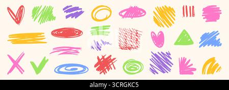 Colorful crayon stripe elements with vibrant hand drawn textures and playful geometric shapes for artistic design work. Bright marker brushstrokes. Pastel squiggle sketchy kids design icons. Stock Vector