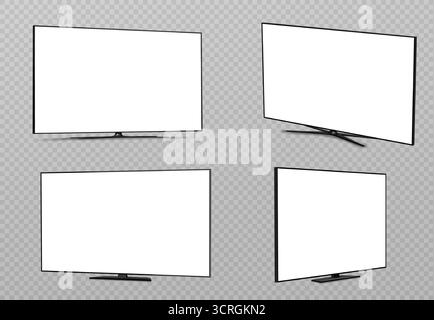 Modern screen tv mockup set with blank white displays and black frames - flat panel monitors on stands from different angles. Television set templates for presentation design. Electronic device. Stock Vector