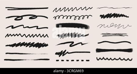 Crayon stripe set with hand drawn black textures and rough brush marks for artistic designs. Various scribbled lines with wavy, straight and zigzag patterns for children or creative illustrations . Stock Vector