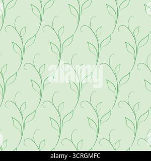Green seamless pattern of silhouettes leaves. Soft green colors. Delicate spring vintage background. Young curved shoots with leaves. Stock Vector