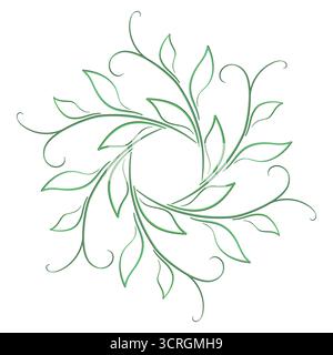 Round floral ornament. Green mandala vector illustration. Monochrome green ornamental round tattoo. Thin branches with flowers and leaves. Elegant des Stock Vector