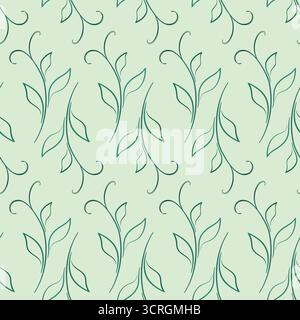 Green seamless pattern of silhouettes leaves. Soft green colors. Delicate spring vintage background. Young curved shoots with leaves. Stock Vector