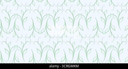 Light floral seamless pattern. Green leaves silhouettes on gray background. Natural delicate colors vintage background. Young curved shoots with leave Stock Vector