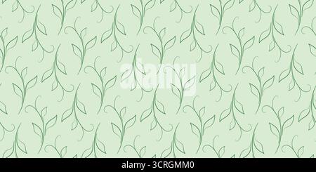 Green summer seamless pattern of silhouettes leaves. Soft green colors. Graceful spring vintage background. Young curved shoots with leaves. Stock Vector