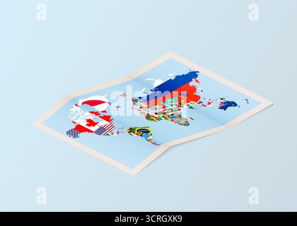 Folded World Map with National Flags on Blue Background. Travel, geography, education, and global concept on a light blue background. Stock Vector