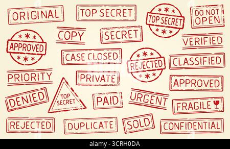 Collection Of Various Red Grunge Style Retro Stamps. Vintage Text Rubber Stamp Set. Denied, Fragile, Private, Top Secret, Sold, Rejected, Approved. Stock Vector