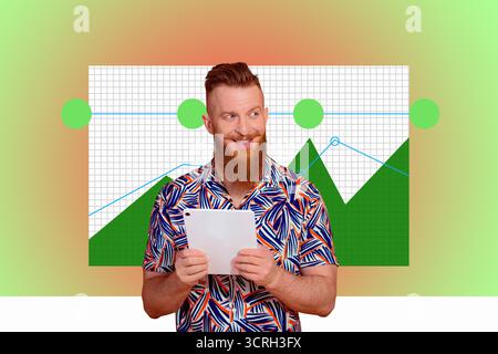 Collage Featuring Excited Business person With Business Chart Pie Graph Analyzing Data Statistics Concept Stock Photo