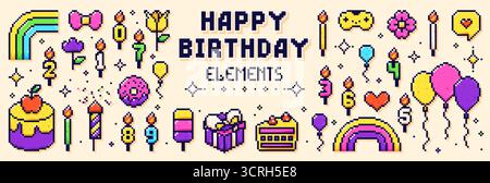 Pixel Happy birthday color elements. Cute simple objects - cake, heart, gift, rainbow, balloons, flowers, donut and candles. Stock Vector