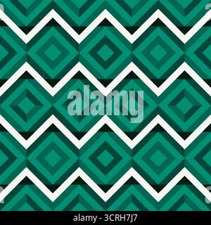 Viridian diamonds, colorful zigzags, diamonds, and optical illusion, seamless geometric vector pattern . Bold abstract design background, fabric, wall Stock Vector