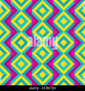 Colorful zigzags, diamonds, and optical illusion, seamless geometric vector pattern . Bold abstract design background, fabric, wallpaper, cover design Stock Vector