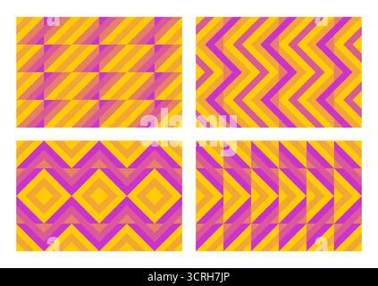 Set of 4 backgrounds, Colorful zigzags, diamonds, and optical illusion, seamless geometric vector pattern . Bold abstract design background, fabric, w Stock Vector