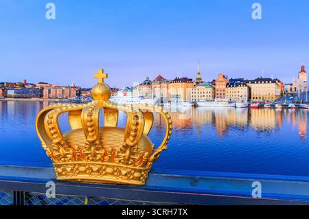Stockholm, Sweden. Gilded crown on the Skeppsholm Bridge. Scandinavia. Stock Photo