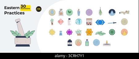 Eastern practices and spiritual symbols cartoon flat illustrations mega bundle Stock Vector
