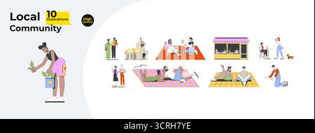 Local community lifestyle cartoon flat illustrations mega bundle Stock Vector